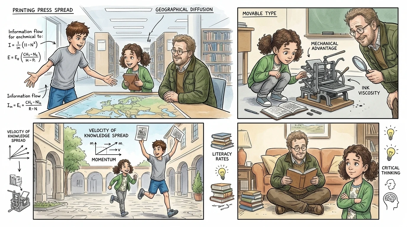 An illustrated page from “The Invention of the Printing Press”, a story in Wonder Inventions