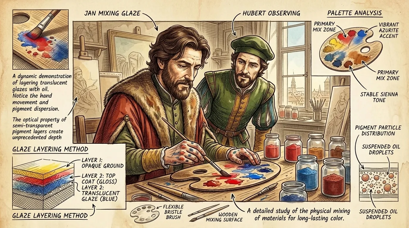Van Eyck's mastery of oil paint allowed him to achieve unprecedented realism. He experimented with layering translucent glazes, building depth and luminosity in… Van Eyck's mastery of oil paint allowed him to achieve unprecedented realism. He experimented with layering translucent glazes, building depth and luminosity in…