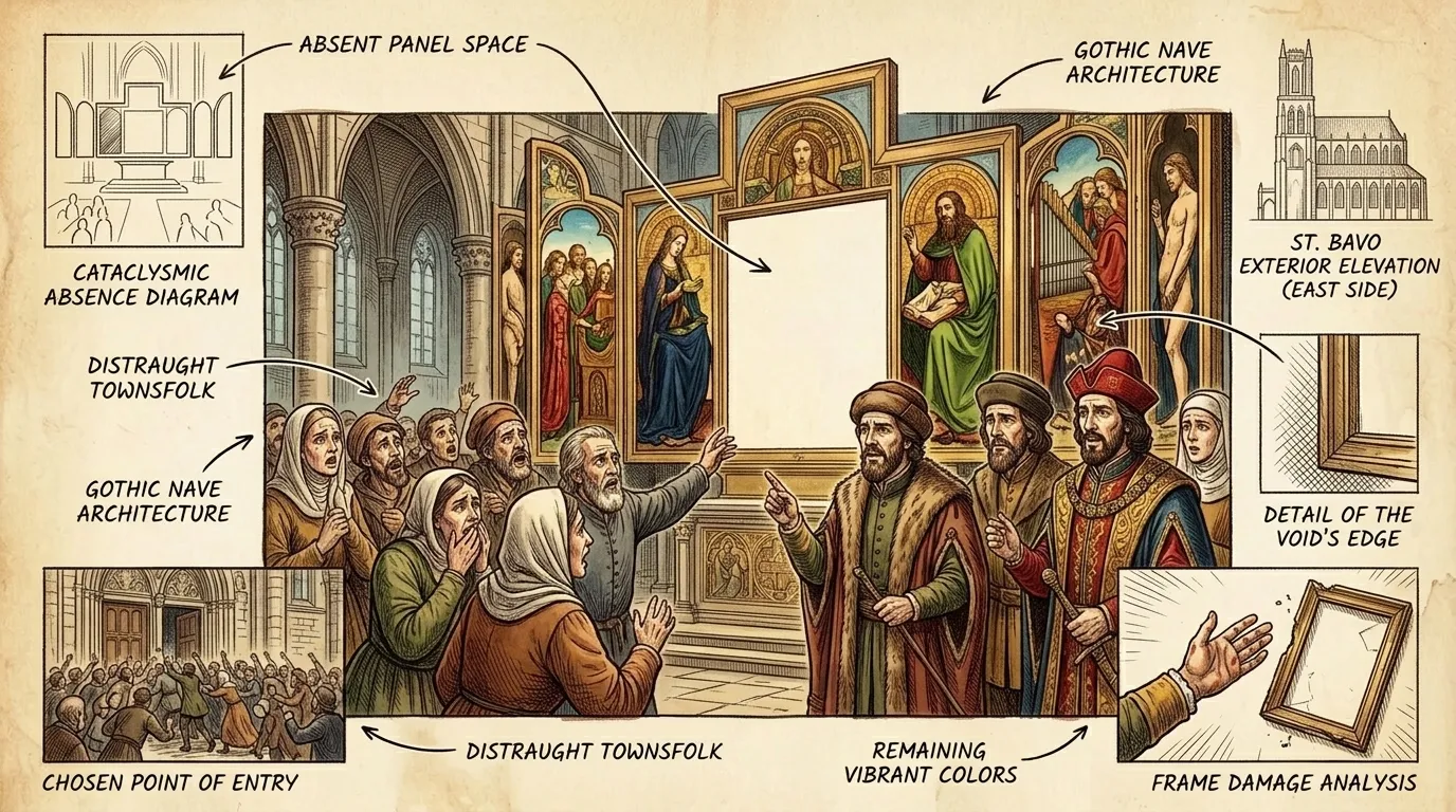 In 1934, 'The Just Judges' panel was stolen from the Ghent Altarpiece. This act of audacious theft plunged Belgium into despair. In 1934, 'The Just Judges' panel was stolen from the Ghent Altarpiece. This act of audacious theft plunged Belgium into despair.