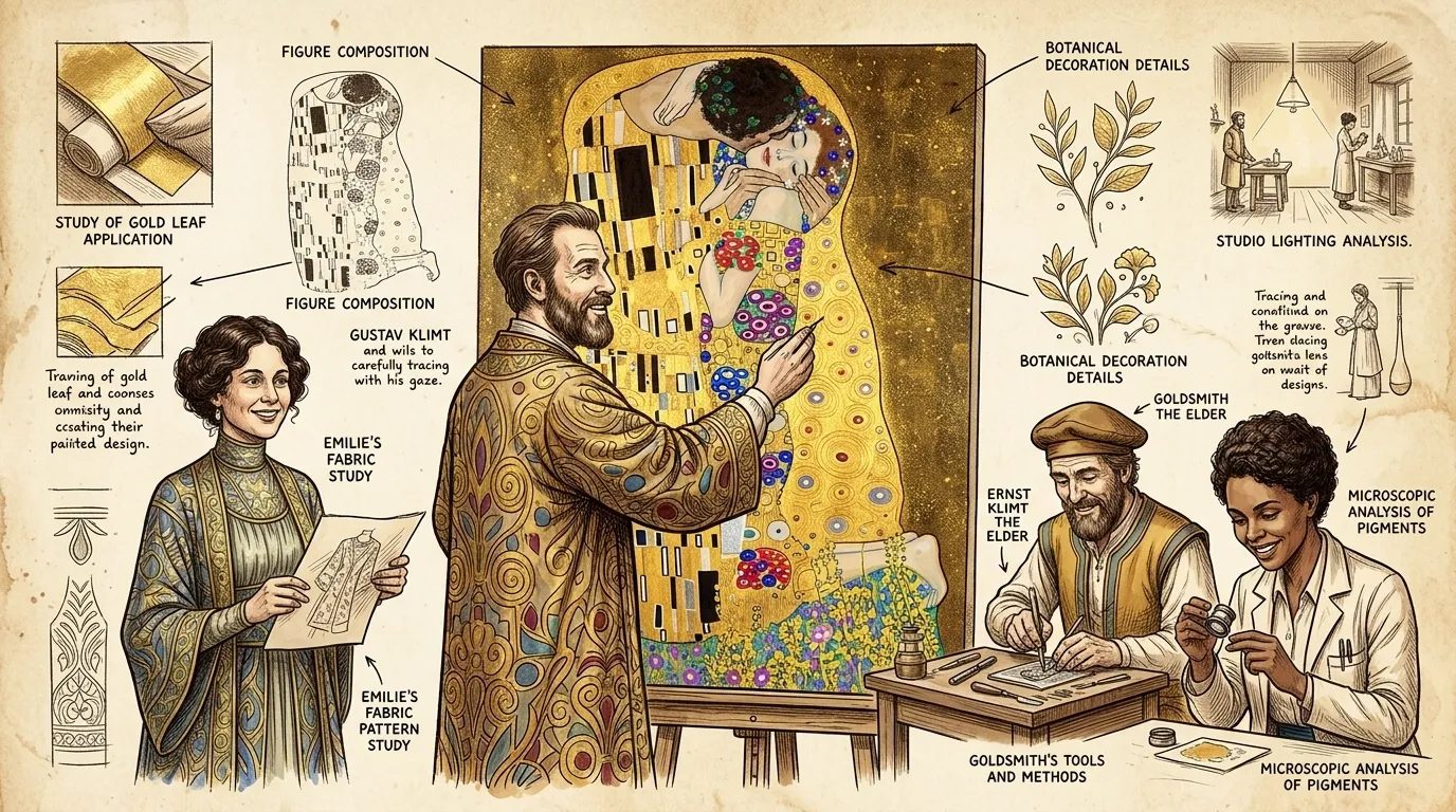 Gustav Klimt, el maestro del simbolismo austriaco, se encuentra ante su brillante obra maestra, "El Beso". Completada en mil novecientos ocho, durante su "Fase… Gustav Klimt, el maestro del simbolismo austriaco, se encuentra ante su brillante obra maestra, "El Beso". Completada en mil novecientos ocho, durante su "Fase…