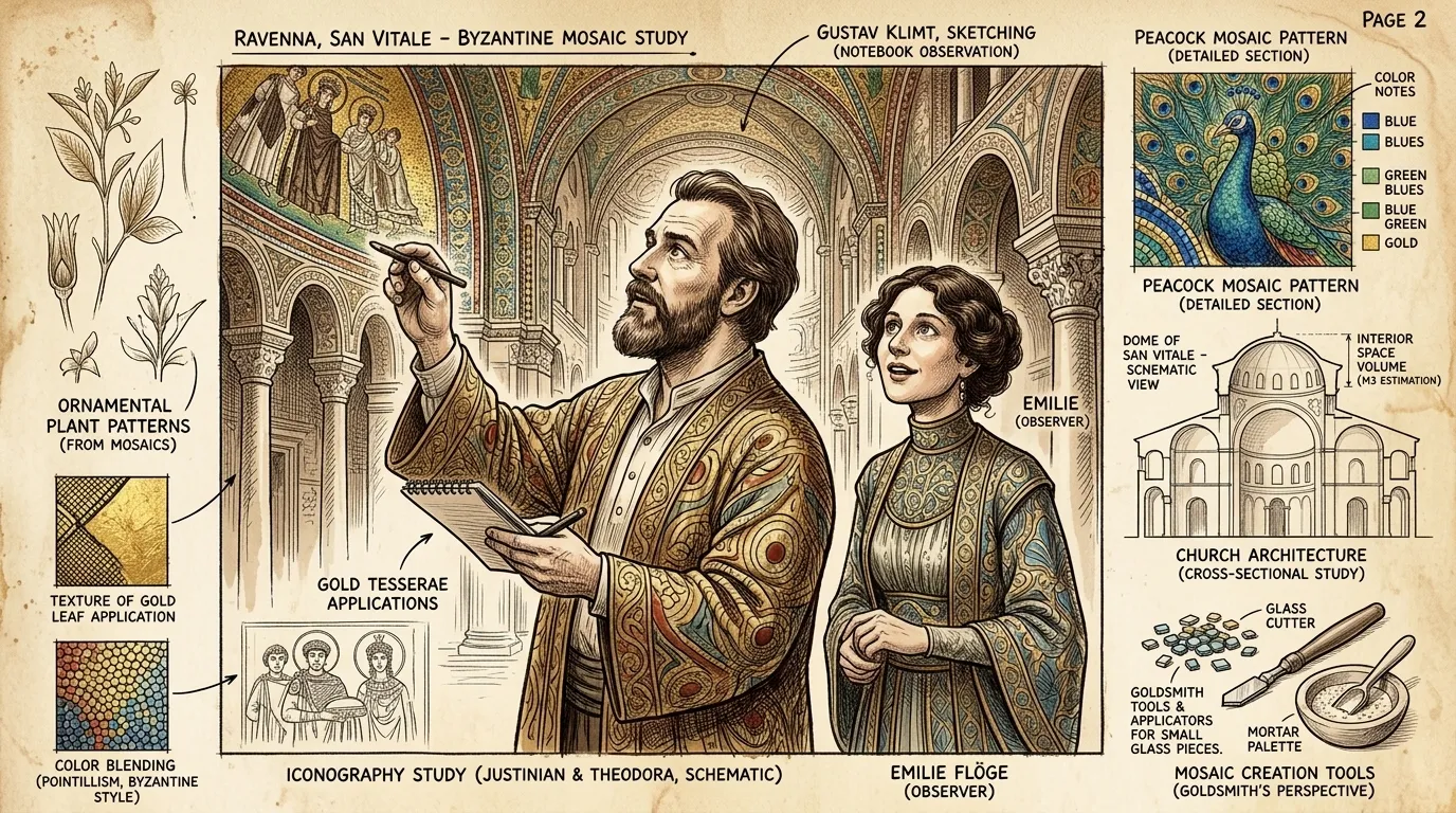En Rávena, Italia, años antes de "El Beso", Klimt visitó la Basílica de San Vitale. Los deslumbrantes mosaicos, que representaban a emperadores y emperatrices… En Rávena, Italia, años antes de "El Beso", Klimt visitó la Basílica de San Vitale. Los deslumbrantes mosaicos, que representaban a emperadores y emperatrices…