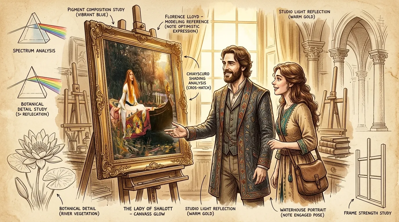 John William Waterhouse stands before his masterpiece, 'The Lady of Shalott,' completed in 1888. The painting, a vivid depiction of Tennyson's tragic figure… John William Waterhouse stands before his masterpiece, 'The Lady of Shalott,' completed in 1888. The painting, a vivid depiction of Tennyson's tragic figure…