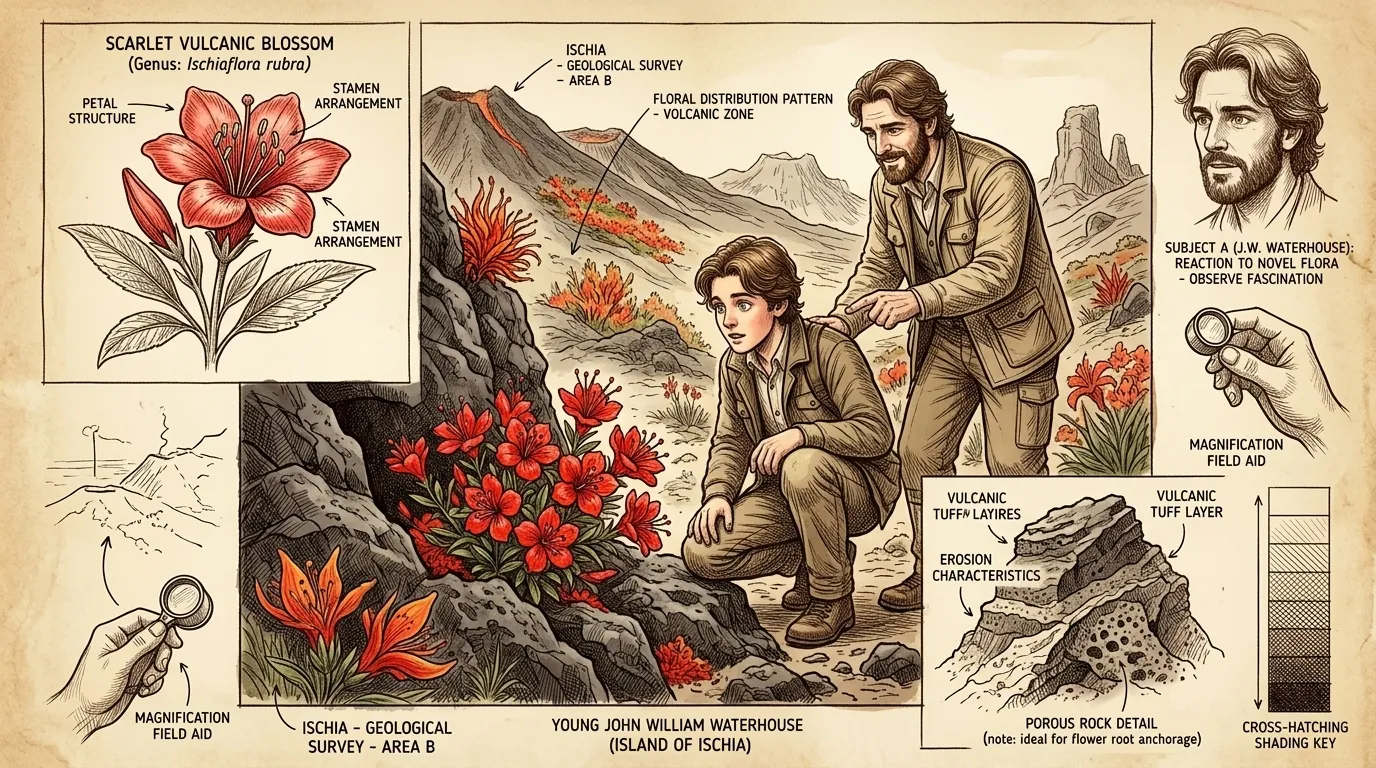 Waterhouse's early years on the volcanic island of Ischia shaped his artistic vision. The island's dramatic landscapes, with its gardens of fire-flowers… Waterhouse's early years on the volcanic island of Ischia shaped his artistic vision. The island's dramatic landscapes, with its gardens of fire-flowers…