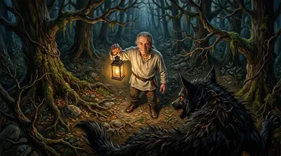 Mientras Elías se adentraba en el bosque, la luz del farol cortaba la oscuridad opresiva, revelando árboles retorcidos y raíces nudosas.