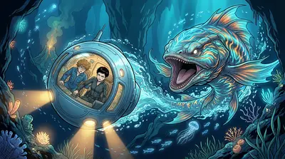 Karanlıktan devasa bir şekil belirdi; biyolüminesan bir leviathan, pulları uhrevi bir ışıkla parıldıyordu. Yaratık, devasa çeneleri açıkta, jilet gibi keskin…