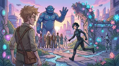'Go, Talia!' Kael urged, 'We'll hold him off!' Talia nodded, determination hardening her gaze. With renewed resolve, she turned and ran towards the heart of the…