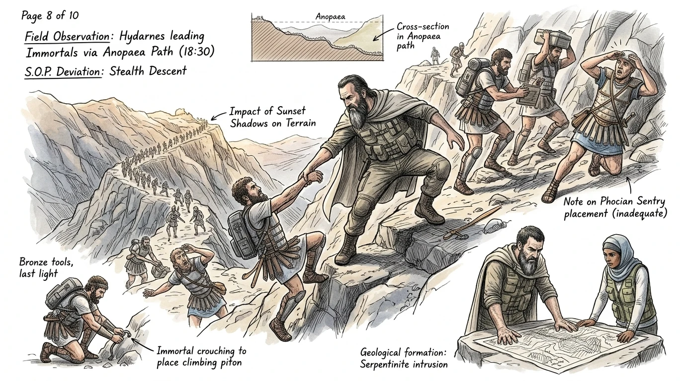 Cuando el sol comenzaba a salir, Hydarnes, al frente de miles de Inmortales, descendió por el traicionero camino de Anopaea, rodeando la montaña.