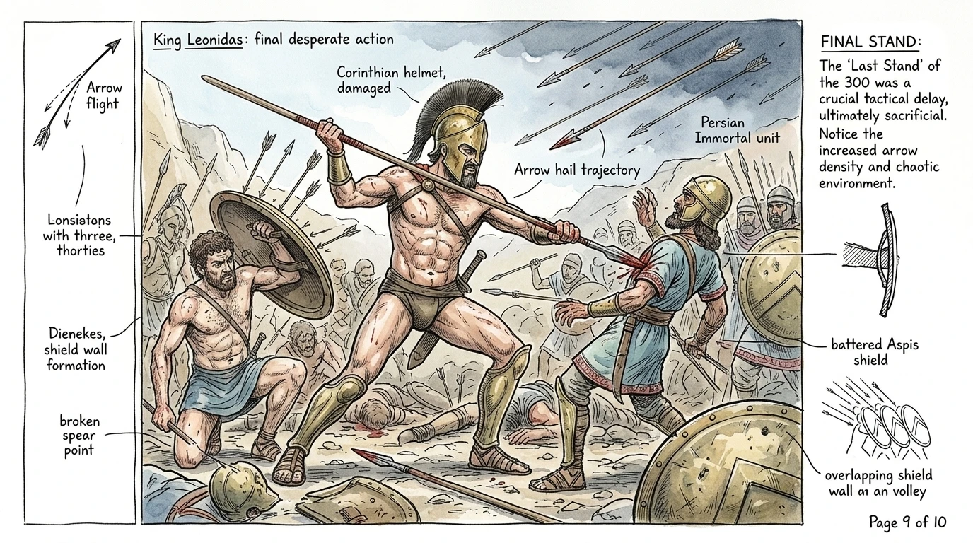 Rodeados y superados en número, Leonidas y sus restantes espartanos, junto con leales tespios y tebanos, lucharon con ferocidad legendaria.
