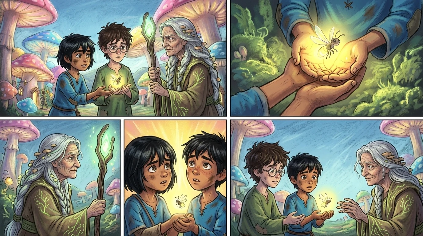 "잠깐, 버드나무 할머니!" 니콜라이가 외쳤다. "반딧불이가... 뭔가 보여주고 있어요! 그에게는 태양석이 필요해요!" 아이들이 작은 곤충을… "잠깐, 버드나무 할머니!" 니콜라이가 외쳤다. "반딧불이가... 뭔가 보여주고 있어요! 그에게는 태양석이 필요해요!" 아이들이 작은 곤충을…