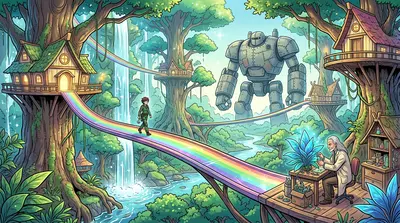 Rainbow bridges arched between colossal, glowing treehouses, a city suspended in the emerald canopy. Waterfalls cascaded down shimmering leaves, feeding rivers… Rainbow bridges arched between colossal, glowing treehouses, a city suspended in the emerald canopy. Waterfalls cascaded down shimmering leaves, feeding rivers…