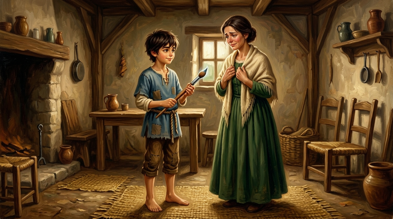 Shen pintou uma cesta cheia de arroz para sua família, acabando com a fome deles. Então, ele pintou roupas novas para sua mãe e seu pai, substituindo as vestes…