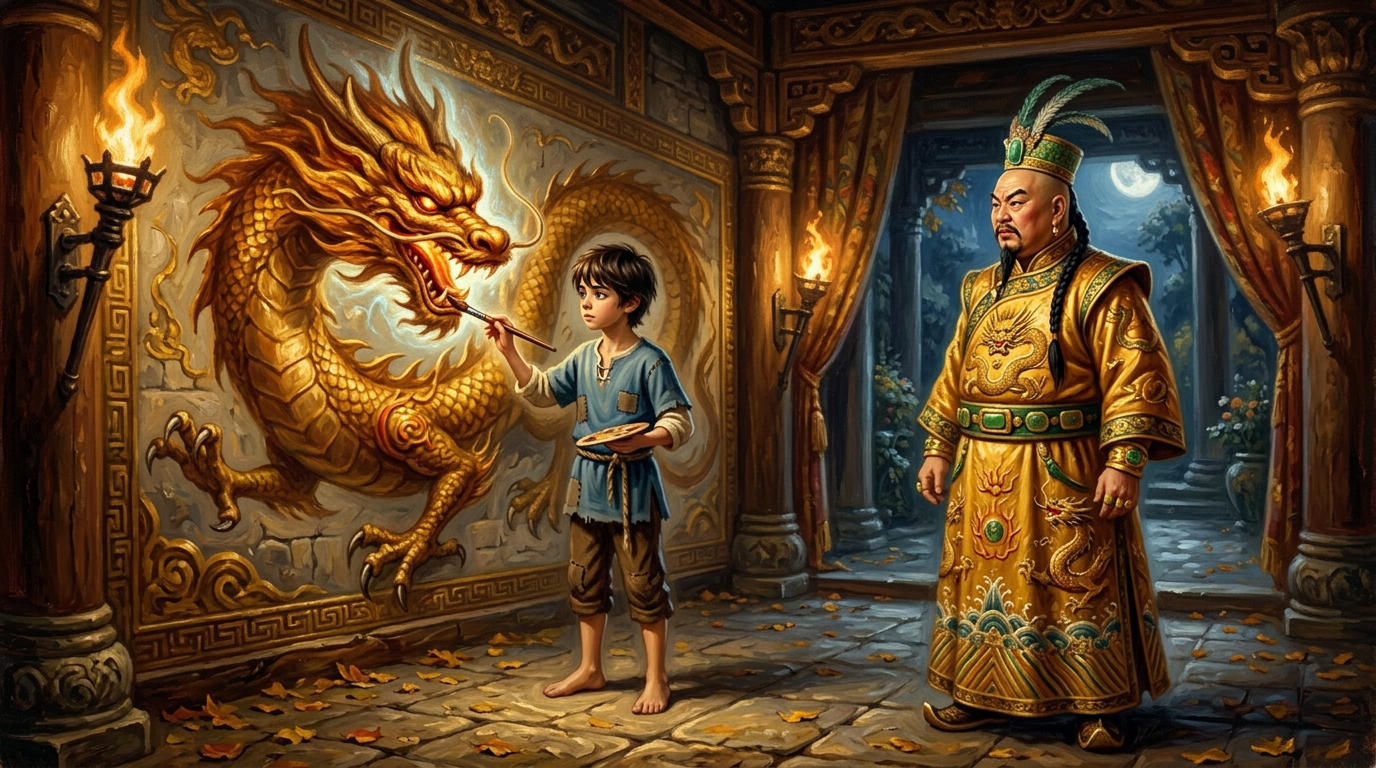 O Imperador, nunca satisfeito, exigiu que Shen pintasse para ele um dragão dourado, um símbolo de poder supremo. Shen hesitou.