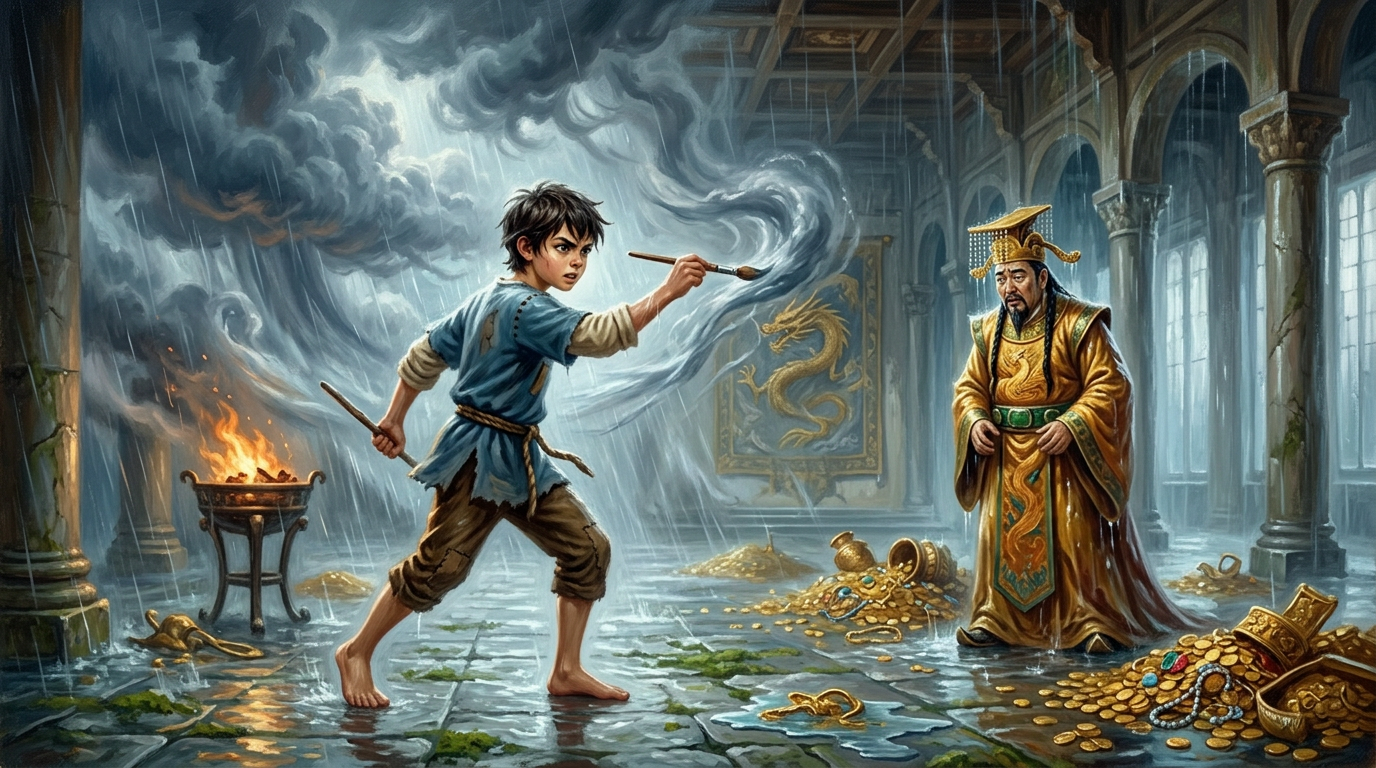 Percebendo o perigo que havia desencadeado, Shen pegou seu pincel e, com uma onda de determinação, pintou uma tempestade poderosa.