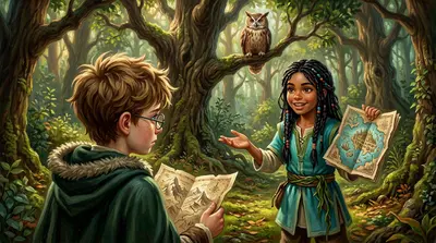"Two maps? But... how?" Leo stuttered, completely bewildered. Maya, ever practical, snatched the map of the sunken city. "Two maps? But... how?" Leo stuttered, completely bewildered. Maya, ever practical, snatched the map of the sunken city.