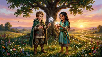 A year later, Leo and Maya met again at the old oak tree. Leo showed Maya the crystal flower. "It represents inner beauty," he explained. A year later, Leo and Maya met again at the old oak tree. Leo showed Maya the crystal flower. "It represents inner beauty," he explained.