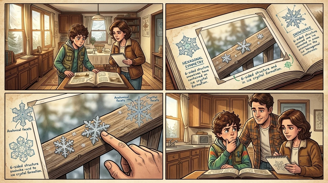 "Look at the tiny flakes on the railing in the picture!" Oscar exclaimed, tracing them with her finger. "They're all like little stars with six points, every… "Look at the tiny flakes on the railing in the picture!" Oscar exclaimed, tracing them with her finger. "They're all like little stars with six points, every…