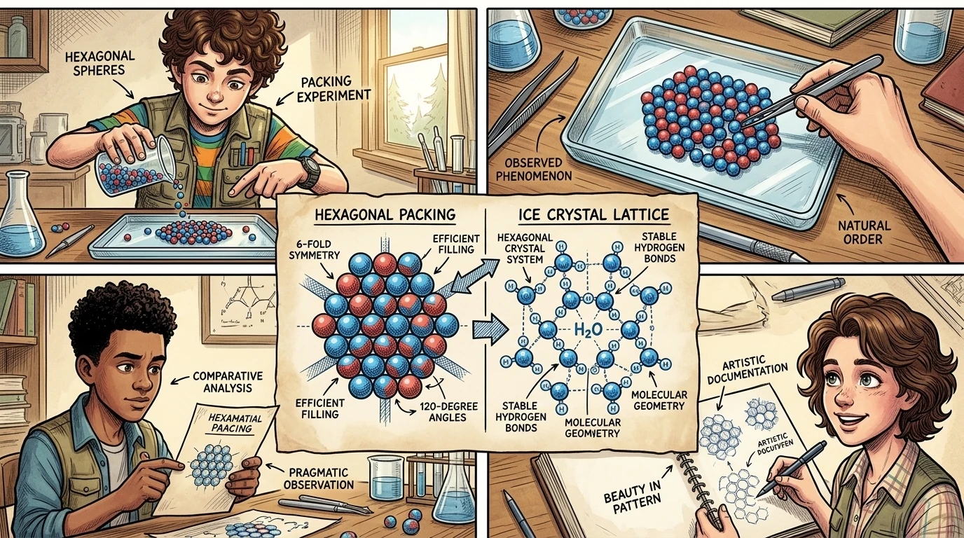 "He guessed that snowflakes were made of microscopic particles, like tiny balls, that packed together in the most efficient way," explained her father. "He guessed that snowflakes were made of microscopic particles, like tiny balls, that packed together in the most efficient way," explained her father.