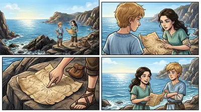 Theron raised an eyebrow. 'A hidden cove? What are we looking for anyway?' Elina unfurled the map, its ancient parchment brittle and worn. Theron raised an eyebrow. 'A hidden cove? What are we looking for anyway?' Elina unfurled the map, its ancient parchment brittle and worn.