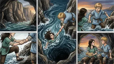 The water grew deeper as they swam towards a dark opening in the cliff face. 'This must be the entrance,' Elina shouted over the crashing waves. The water grew deeper as they swam towards a dark opening in the cliff face. 'This must be the entrance,' Elina shouted over the crashing waves.