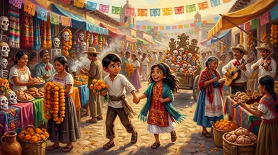"Faster, Miguelito!" Sofia called, her laughter echoing through the vibrant marketplace. Miguel, struggling to keep up, clutched a handful of marigolds.