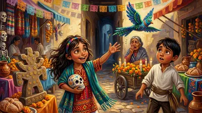 They reached the sugar skull cart, a kaleidoscope of colors and designs. "Wow!" Miguel gasped, forgetting his worries. But as Sofia reached for a skull adorned…