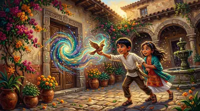As their voices soared, the crack in the door widened, revealing a swirling vortex of colors and light. The wooden bird pulsed with energy, pulling them closer.