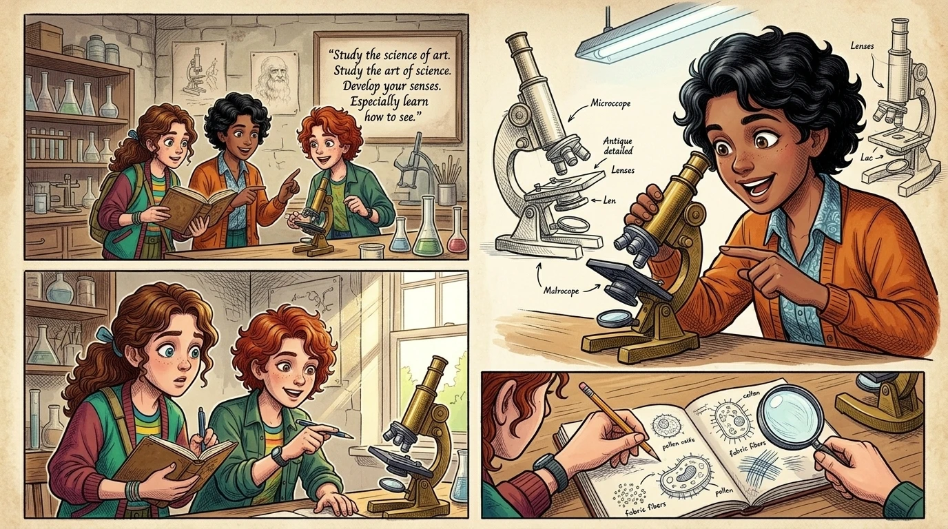 "That's a great question, Zara!" Zola exclaimed. "My grandpa has this old microscope... I wonder if we can look at some really tiny things with it? "That's a great question, Zara!" Zola exclaimed. "My grandpa has this old microscope... I wonder if we can look at some really tiny things with it?
