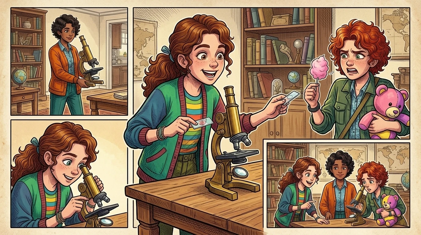 Back at Zola's grandpa's house, Zara, Linnea, and Zola gathered around the ancient microscope. "Okay, what should we look at first?" Zola asked. Zara grinned. Back at Zola's grandpa's house, Zara, Linnea, and Zola gathered around the ancient microscope. "Okay, what should we look at first?" Zola asked. Zara grinned.