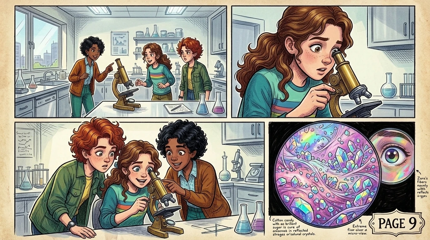 Looking through the microscope, Zara gasped. "Woah! It's...beautiful!" she exclaimed. "It's not just sprinkles, it's tiny crystals! Looking through the microscope, Zara gasped. "Woah! It's...beautiful!" she exclaimed. "It's not just sprinkles, it's tiny crystals!