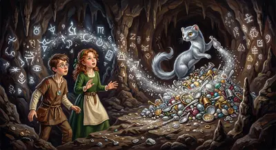 The paw prints led them through a winding tunnel, past echoing chambers, and finally, to a vast cavern. In the center, perched atop a glittering pile of stolen… The paw prints led them through a winding tunnel, past echoing chambers, and finally, to a vast cavern. In the center, perched atop a glittering pile of stolen…