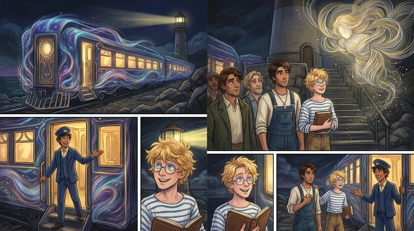 The train hissed to a stop at the base of the lighthouse, its door swinging open with a creak. "Welcome aboard the Midnight Train to Singharaja!" a voice boomed… The train hissed to a stop at the base of the lighthouse, its door swinging open with a creak. "Welcome aboard the Midnight Train to Singharaja!" a voice boomed…