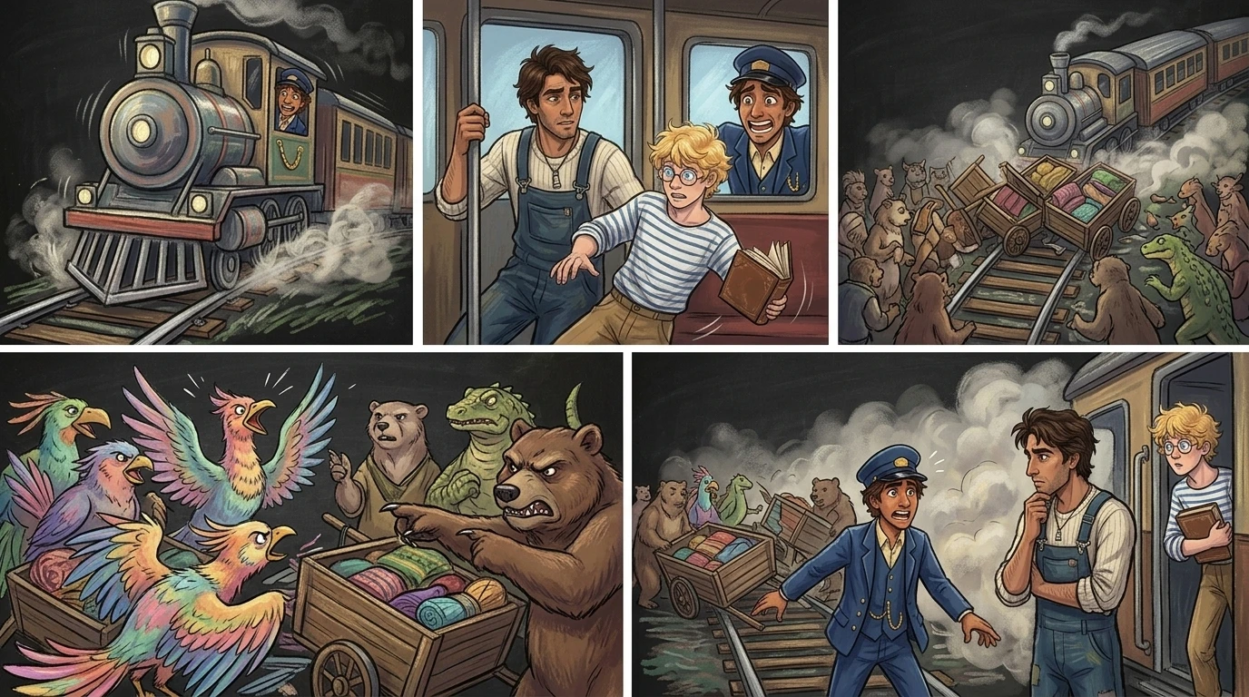 Suddenly, the train lurched to a halt. "Trouble!" Nikhil cried. "The tracks are blocked! If we don't clear them soon, we'll miss the bazaar's opening and never… Suddenly, the train lurched to a halt. "Trouble!" Nikhil cried. "The tracks are blocked! If we don't clear them soon, we'll miss the bazaar's opening and never…