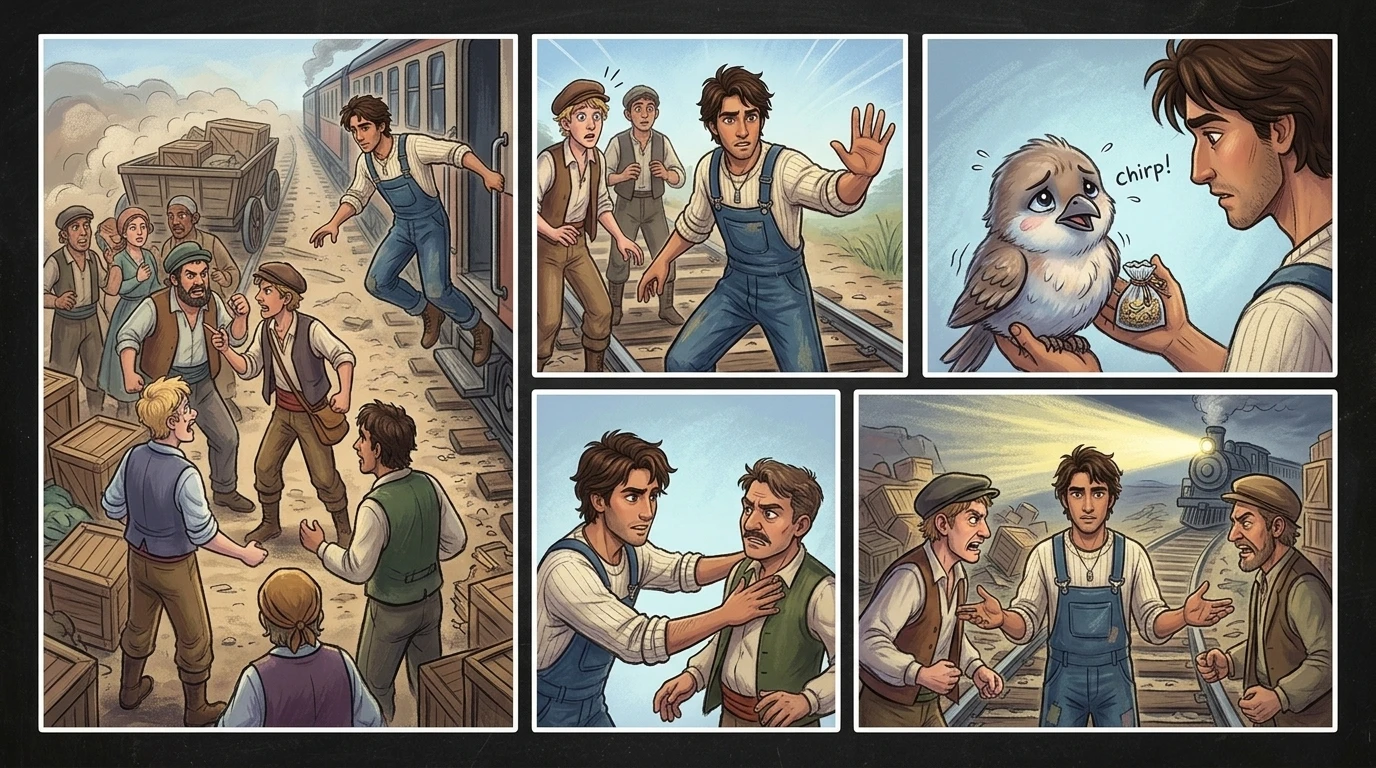 "Wait!" Santiago shouted, jumping off the train. "Fighting won't solve anything! We need to understand each other. What's really going on?" He turned to a… "Wait!" Santiago shouted, jumping off the train. "Fighting won't solve anything! We need to understand each other. What's really going on?" He turned to a…