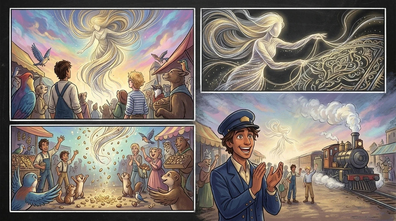 From the swirling painted sky, the Great Weaver descended – a being of pure light, spinning threads of gold and silver. She wove a new pattern, distributing the… From the swirling painted sky, the Great Weaver descended – a being of pure light, spinning threads of gold and silver. She wove a new pattern, distributing the…