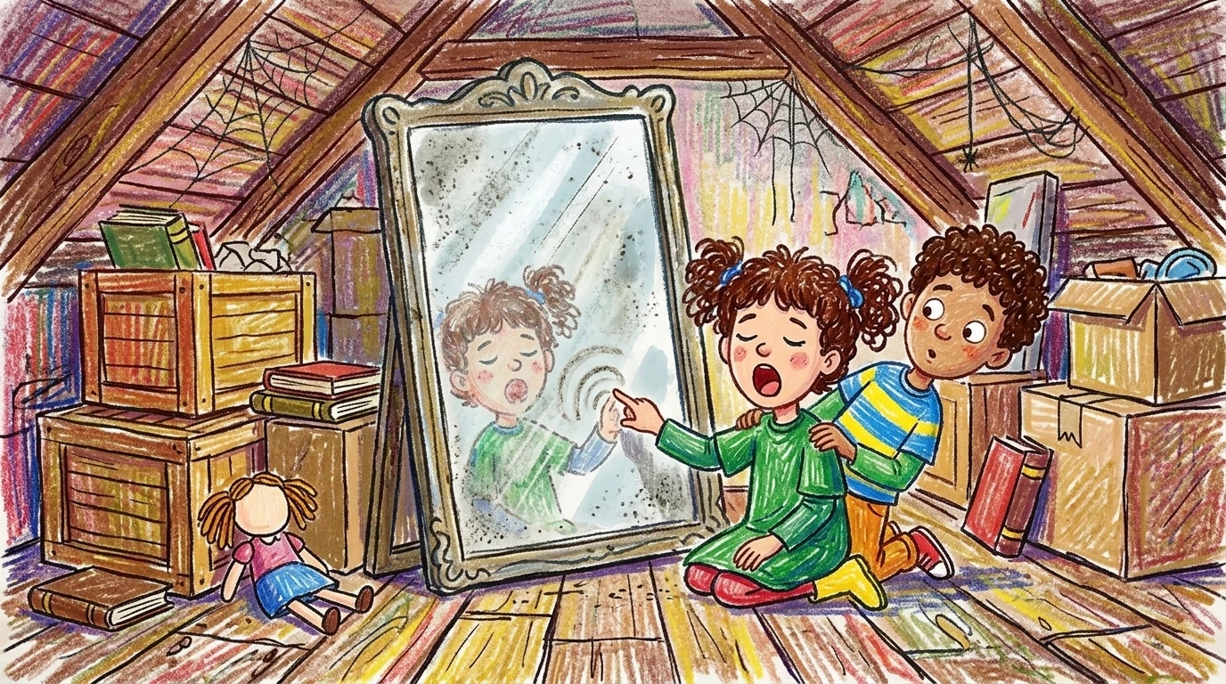 米莱娜打着哈欠,在阁楼布满灰尘的旧镜子上描画着图案。“这面镜子真无聊,哈桑,”她嘟囔着,眼皮耷拉着,“它只显示我们凌乱的阁楼!”哈桑从她肩头探过身来。 米莱娜打着哈欠,在阁楼布满灰尘的旧镜子上描画着图案。“这面镜子真无聊,哈桑,”她嘟囔着,眼皮耷拉着,“它只显示我们凌乱的阁楼!”哈桑从她肩头探过身来。