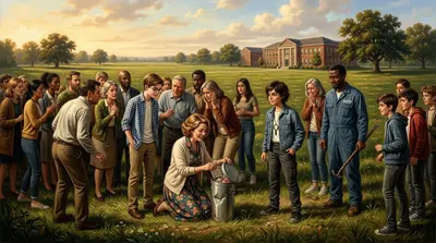 Zurück auf dem Feld, unter dem sich nun aufklarenden Himmel, versammelte sich die Gruppe, während Frau Willow vorsichtig die Zeitkapsel öffnete.