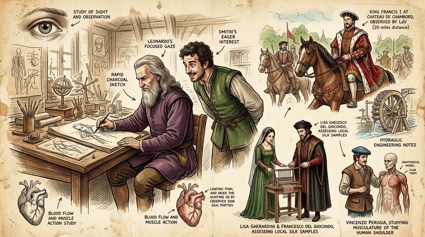 Léonard, un véritable homme de la Renaissance, travaillait sans relâche dans son atelier florentin. Ses journées étaient un mélange d'études scientifiques… Léonard, un véritable homme de la Renaissance, travaillait sans relâche dans son atelier florentin. Ses journées étaient un mélange d'études scientifiques…