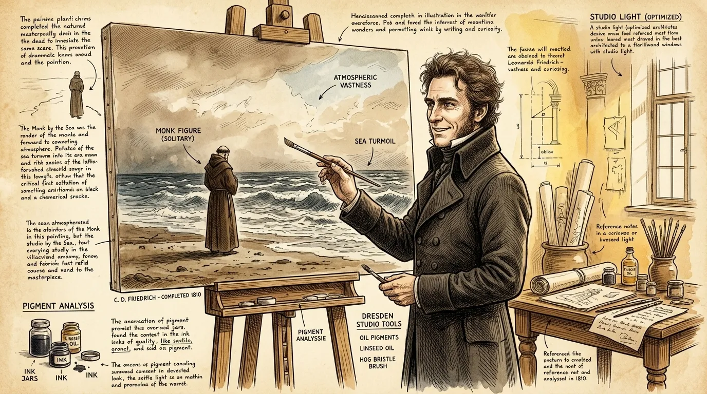 Caspar David Friedrich stands before his completed masterpiece, 'The Monk by the Sea,' in his Dresden studio, 1810. Measuring 110 171.5 cm, the painting is… Caspar David Friedrich stands before his completed masterpiece, 'The Monk by the Sea,' in his Dresden studio, 1810. Measuring 110 171.5 cm, the painting is…