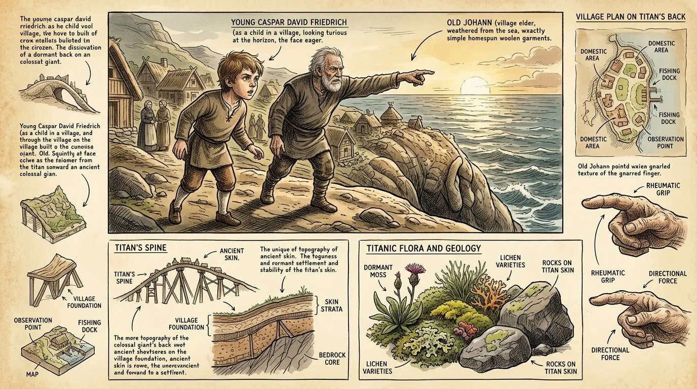 Young Caspar explores the village, built precariously on the back of a dormant giant. The villagers live their lives, unaware of the titan beneath them. Young Caspar explores the village, built precariously on the back of a dormant giant. The villagers live their lives, unaware of the titan beneath them.