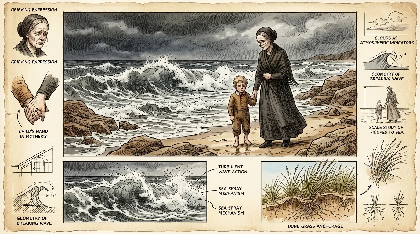 Friedrich's brother drowns in the Baltic Sea, a tragedy that haunts him. The vast, unforgiving ocean becomes a symbol of loss and the insignificance of human… Friedrich's brother drowns in the Baltic Sea, a tragedy that haunts him. The vast, unforgiving ocean becomes a symbol of loss and the insignificance of human…