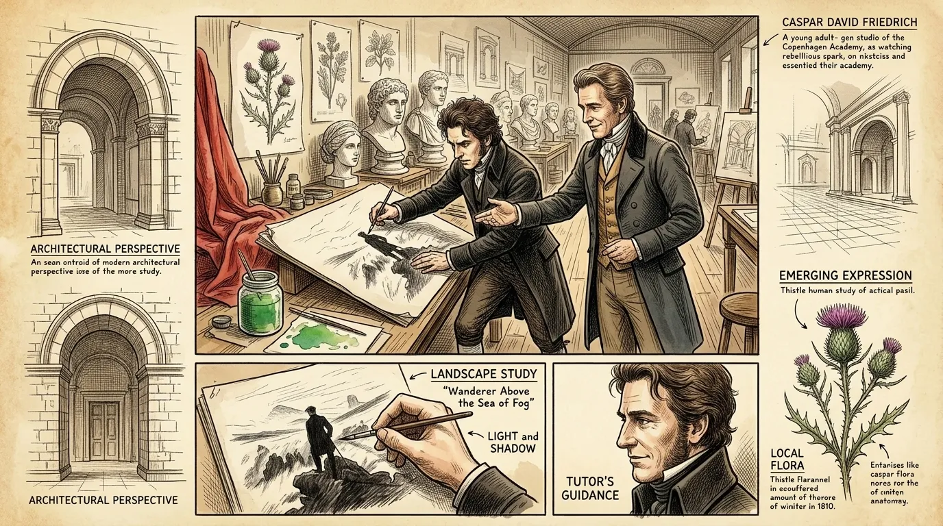At the Copenhagen Academy, Friedrich hones his skills but chafes against the rigid rules of classical art. He seeks a more personal, expressive approach to… At the Copenhagen Academy, Friedrich hones his skills but chafes against the rigid rules of classical art. He seeks a more personal, expressive approach to…