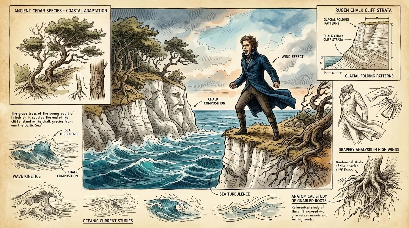 Friedrich discovers the dramatic landscapes of Rügen Island on the Baltic coast. The chalk cliffs, windswept trees, and endless sea ignite his imagination and… Friedrich discovers the dramatic landscapes of Rügen Island on the Baltic coast. The chalk cliffs, windswept trees, and endless sea ignite his imagination and…