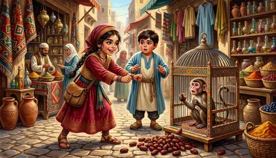Layla quickly gathered the scattered dates she had in her pockets and piled them high, strategically placing them near a large, ornate cage filled with colorful… Layla quickly gathered the scattered dates she had in her pockets and piled them high, strategically placing them near a large, ornate cage filled with colorful…