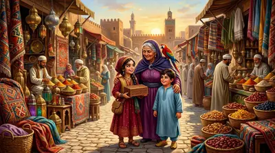 Back in the bustling souk, Layla and Omar returned Grandmama's box, filled with her precious spices. Grandmama smiled warmly, her eyes crinkling at the corners. Back in the bustling souk, Layla and Omar returned Grandmama's box, filled with her precious spices. Grandmama smiled warmly, her eyes crinkling at the corners.