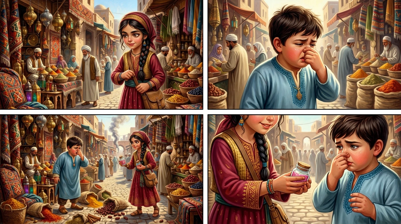 Layla quickly assessed the situation. "The mint isn't strong enough for you, Omar! Your sense of smell is extra sensitive. But I have an idea!" she exclaimed. Layla quickly assessed the situation. "The mint isn't strong enough for you, Omar! Your sense of smell is extra sensitive. But I have an idea!" she exclaimed.