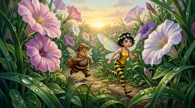 Yabanarısından büyük olmayan Poppy ve Bramble, petunya yaprakları arasında vızıldayarak ilerlediler. Poppy, sesi çınlayan bir zil gibi, "Çabuk ol, Bramble!"…