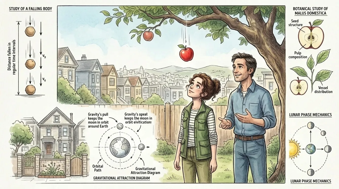Back home in Noe Valley, Camila observes an apple falling from a tree in her backyard. "Why does everything fall down, and not up?" she asks her dad. Back home in Noe Valley, Camila observes an apple falling from a tree in her backyard. "Why does everything fall down, and not up?" she asks her dad.