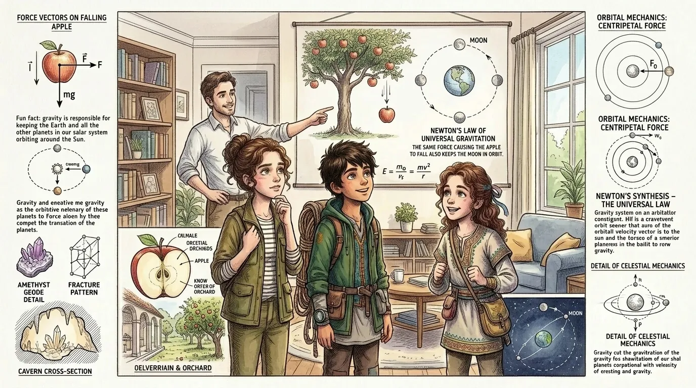 Camila's dad explains, "Sir Isaac Newton, in the late 17th century, connected the falling apple to the motion of the Moon. Camila's dad explains, "Sir Isaac Newton, in the late 17th century, connected the falling apple to the motion of the Moon.