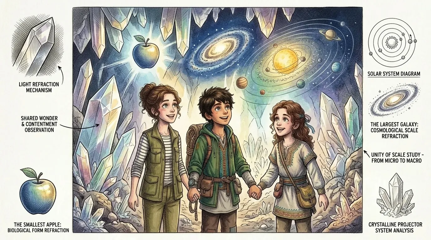 Back in the crystal cave, the friends reflect. "Gravity connects everything in the universe, from the smallest apple to the largest galaxy," Camila says. Back in the crystal cave, the friends reflect. "Gravity connects everything in the universe, from the smallest apple to the largest galaxy," Camila says.