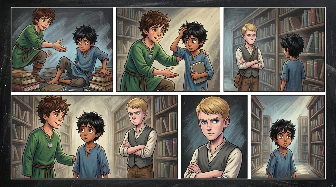 Marco ayudó al chico a ponerse de pie. "Estás en la Gran Biblioteca. Yo soy Marco, y este es Nils. ¿Estás bien?" Santiago se frotó la cabeza. "Yo...